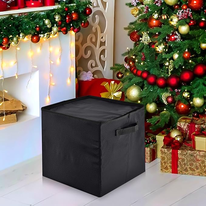 Black Christmas Ornament Storage Basket Box Holiday Storage Container Cube with Adjustable Dividers for 64 Holiday Ornaments or Decorations Keeps Clean and Dry for Next Season