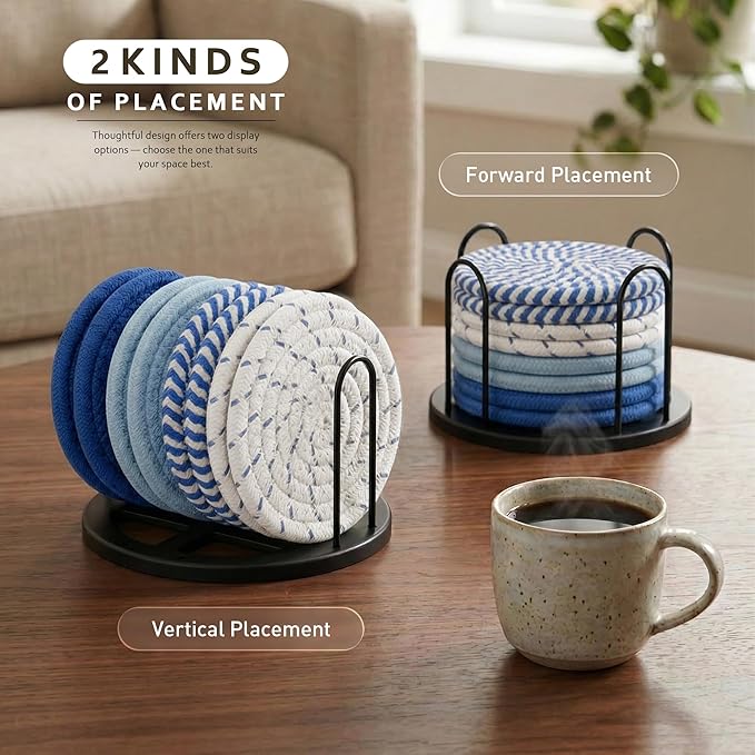 Lazebox Coasters Set of 8 for Drinks, Beer, Coffee, Cotton Woven 4 Colors Absorbent Coaster with Holder, Boho Coasters for Home Decor Tabletop Protection Suitable for Kinds of Cups