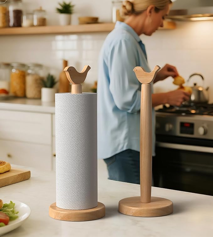 Cute Wooden Paper Towel Holder Stand - Kitchen Paper Hanger Rack Bathroom Towel Roll Stand Organizer Simply Standing Countertop Paper Roll Holder, Bird