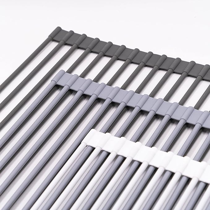 Bigdata&BetterLife Roll Up Dish Drying Rack Simple Large Space Saving Dish Drying Mat for Kitchen Foldable Silicone Coated Stainless Steel Heavy Duty Dry Rack(Black, 20.5" x 13.1")