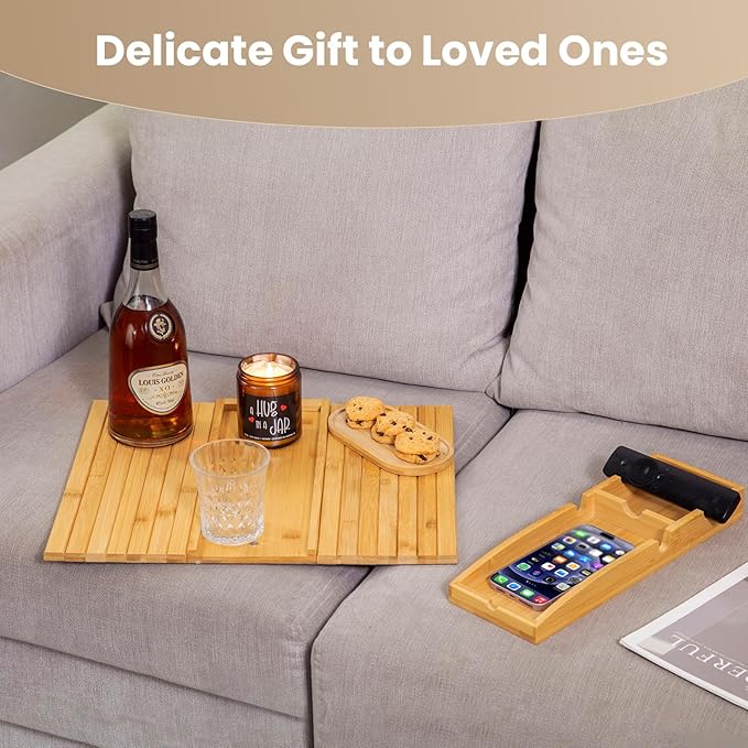Bamboo Couch Arm Tray Table | 2-in-1 Detachable Sofa Tray with Slidable Cup Holder | 4.5 to 14 inches Wide Adjustable & Foldable Design with an Anti-Slip Surface for Drinks, Snacks, and Remote