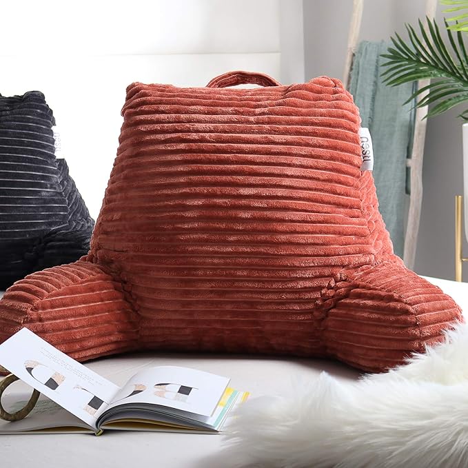 Nestl Reading Pillow with Shredded Memory Foam, Luxe Cut Plush Back Pillow for Sitting Up in Bed, Back and Arms Adjustable Support for Adult & Teens, Backrest Pillows with Washable Cover Misty Rose
