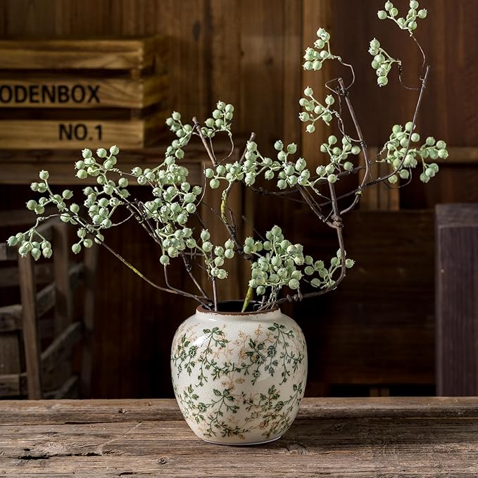 for Mom from Daughter or Son, Vintage Green Round Pastoral Ceramic Vase 6.7”, Ice Cracked Chinoiserie Floral Vase, Rustic Decor for Living Room, Bookshelf, Office, Table Centerpiece