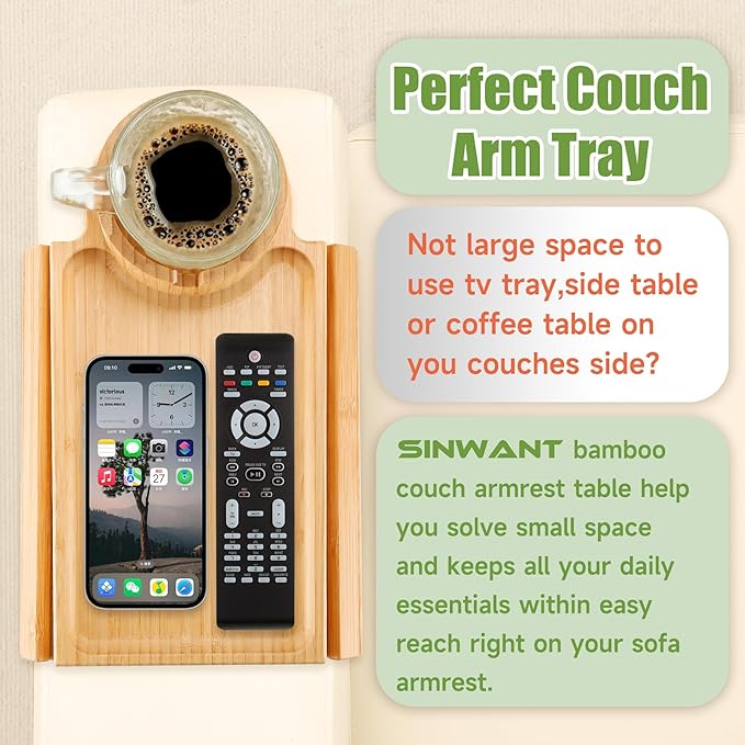 SINWANT Couch Cup Holder Tray,Large Bamboo Couch Armrest Table with Cup Holder,Foldable Anti-Slip Sofa Arm Tray for Coffee Cup,Water Bottles,Mug,Snacks,Remote