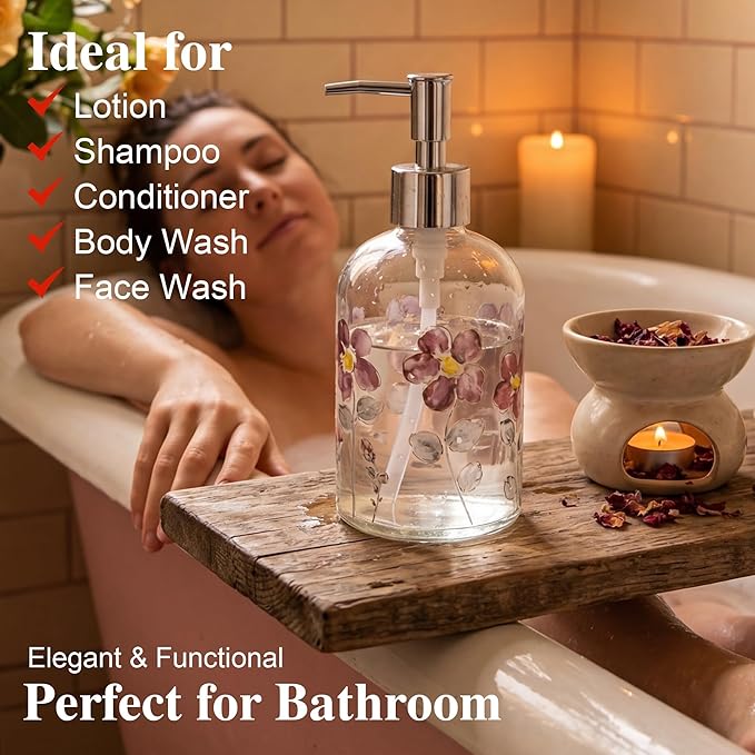 17oz Glass Soap Dispenser with Plastic Pump, 2 Pack Refillable Kitchen Soap Dispenser for Dish Soap, Soap Dispenser Bathroom for Hand Soap, Lotion, Body Wash(Flower)