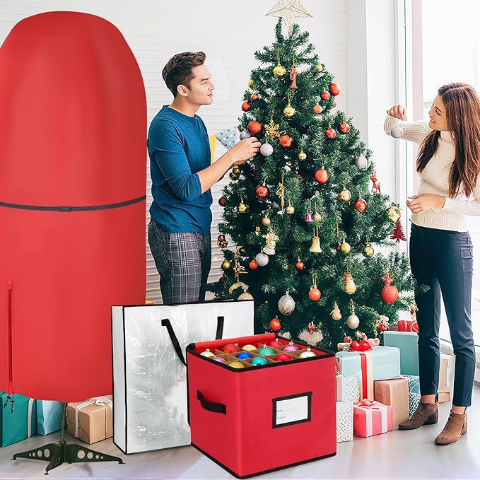 SATINIOR 6 Pcs Upright Christmas Tree Storage Bag Set 5 Ft Christmas Tree Storage Bag 26" Xmas Wreath Containers 11.8" Ornament Bags with Dividers Hold 64 Balls for Artificial Trees Garland(Red)