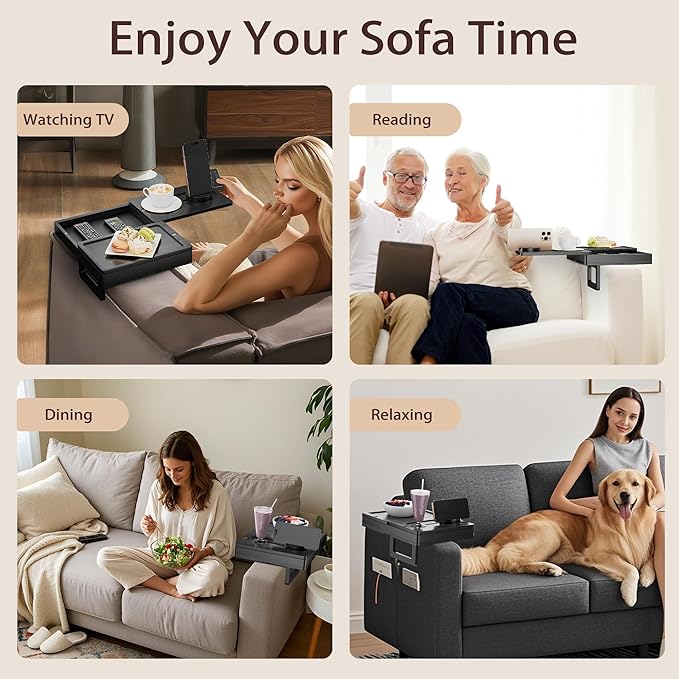Bamboo Couch Arm Tray, 2 Rotating Trays with 360° Phone Holder & Storage Box, Black Adjustable Clip On Sofa Table for Snacks, Drinks, Fits Wide Armrests (Up to 10")
