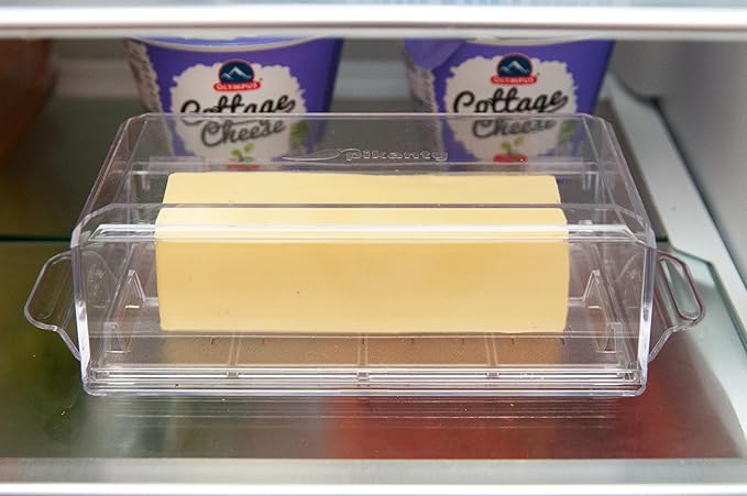 Pikanty Airtight Butter Dish with Hinged Lid - Large Plastic Butter Container for Countertop or Fridge, Fits East & West Coast Sticks, Dishwasher Safe, Made in USA