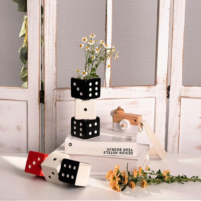 MOUGIGI Unique Handmade Dice Vase - Stylish Black & White Ceramic Decor for Home, Bar | Geometric Design Perfect for Fresh, Dried, or Artificial Flowers | Eye-Catching Centerpiece & Decorative Accent