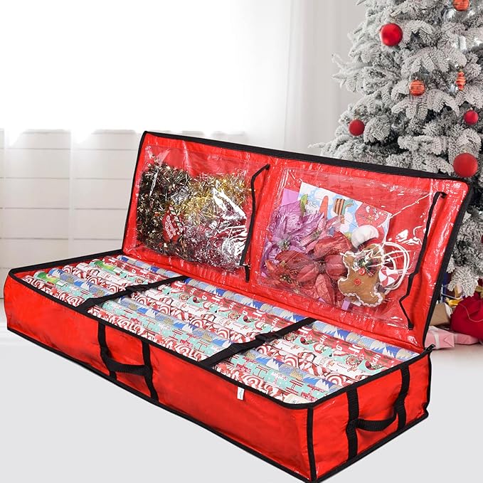 ProPik Wrapping Paper Storage Containers | Gift Wrap Organizer Under Bed 41”x14”x6” Fits 18-24 Rolls Fit Up to 40” Long Roll Wrap Storage Box Holder with Pockets for Ribbon Bows & Accessories (Red)