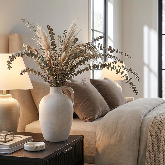 Ceramic Flower Vase with Handles,10" Neutral Tall Clay Beige Terracotta Vases Farmhouse Table Vases with Handle Living Room Decor Rustic Pottery Pots for Home Shelf Coffee Dining Desk Fireplace