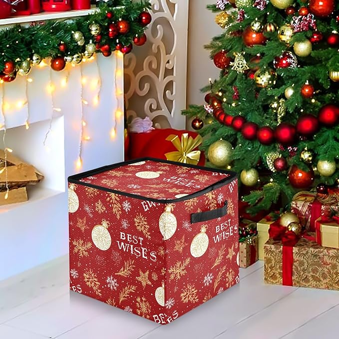 Red Snowflake Christmas Ornament Storage Basket Box Winter Xmas Holiday Storage Container Cube with Adjustable Dividers for 64 Holiday Ornaments or Decorations Keeps Clean and Dry for Next Season