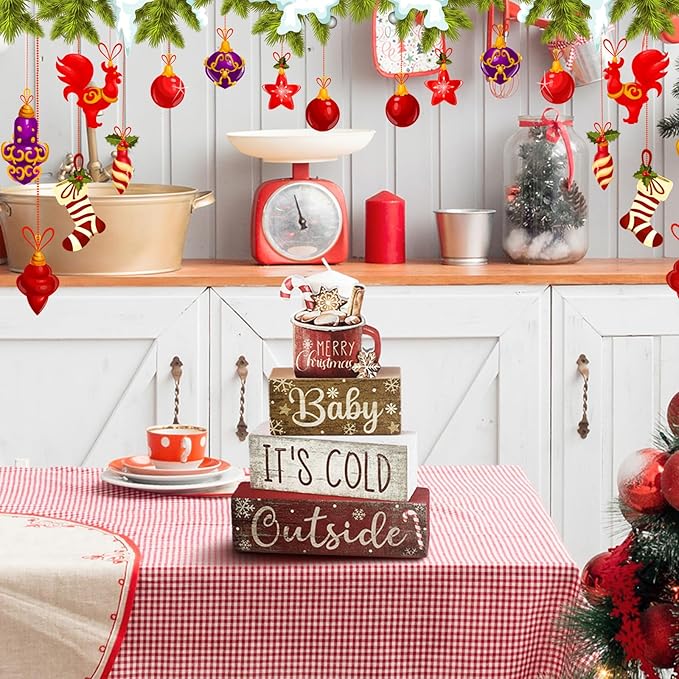 Moucuny 4 Pcs Christmas Table Decor Wooden Hot Cocoa Decoration Christmas Centerpiece Winter Tiered Tray Decor Decorative Red Hot Cocoa Block Signs Gift Farmhouse Xmas Decoration for Home Kitchen