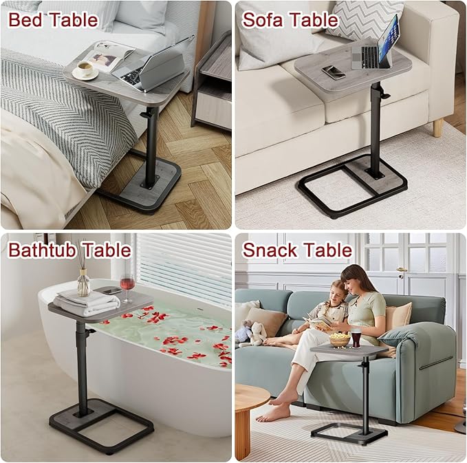 GOYLSER C Shaped End Table for Couch, Height Adjustable Living Room Rotating Couch Tray Tables Sofa Table Tv Trays for Bedroom, Swivel Wooden Side Table for Small Space, Grey