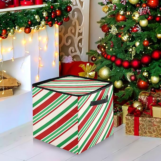 Candy Cane Christmas Ornament Storage Basket Box Green Red Stripe Winter Holiday Storage Container Cube with Adjustable Dividers for 64 Holiday Ornaments or Decorations Keeps Clean and Dry