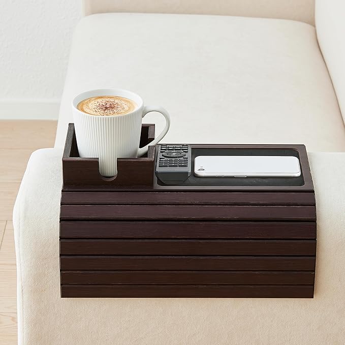 LOVYANXUE Bamboo Couch Cup Holder, Foldable Sofa Arm Tray, Anti-Slip Couch Aremrest Tray Table for Drink, Cup, Remote, Snacks, Cellphone, Portable, Mahogany