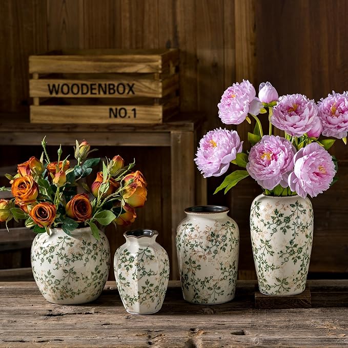 for Mom from Daughter or Son, Vintage Pastoral Green Ceramic Flower Vase 8.5”, Rustic Cottage Core Decor for Living Room, Bookshelf, Office, Mantel & Table Centerpiece