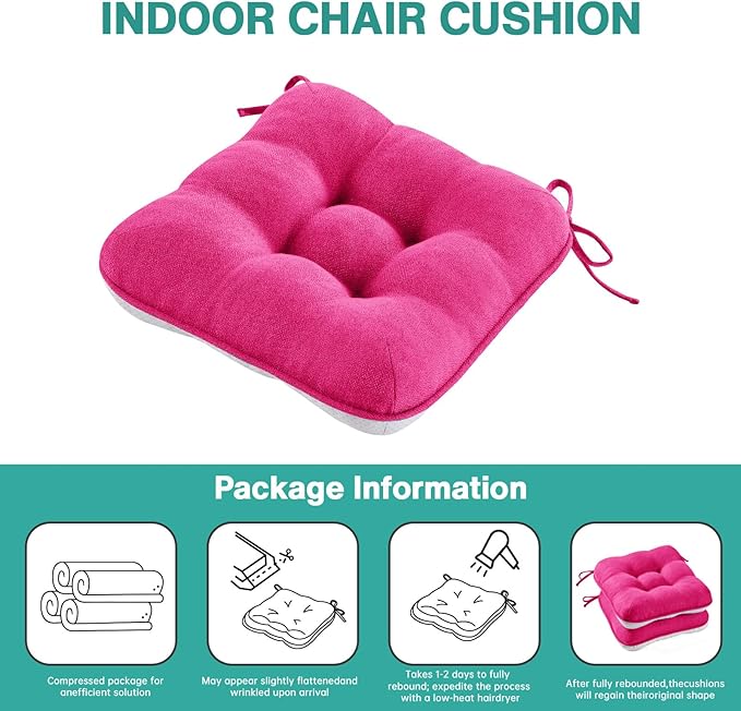 BETU Chair Cushions for Dining Chairs Set of 4,3.5" Thick Kitchen Table Chair Pads with Ties,Non Slip Backing and Covers, Seat Cushion for Dining Room,Bar,Patio Chairs,16"X16"X3.5",Hot Pink