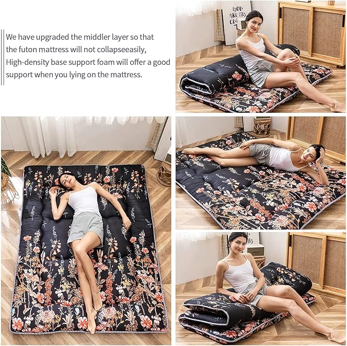 Black Floral Japanese Futon Floor Mattress, Mattress Topper Portable Thick Sleeping Pad Floor Mat Roll Up Camping Mattress Folding Couch Mattress Pad for Guest Room, Twin Size