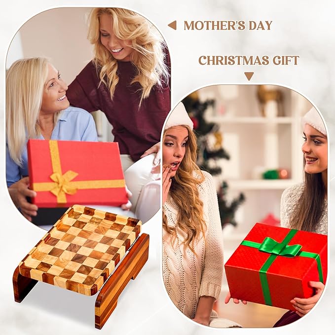 Kathfly Acacia Wood Checkered Sofa Armrest Tray, 13.75" x 9.5" Double Hinge Couch Arm Table, Clip on Sofa Arm Tray, Wooden Side Table for Food Snack Remotes Living Room Decor Mother's Day