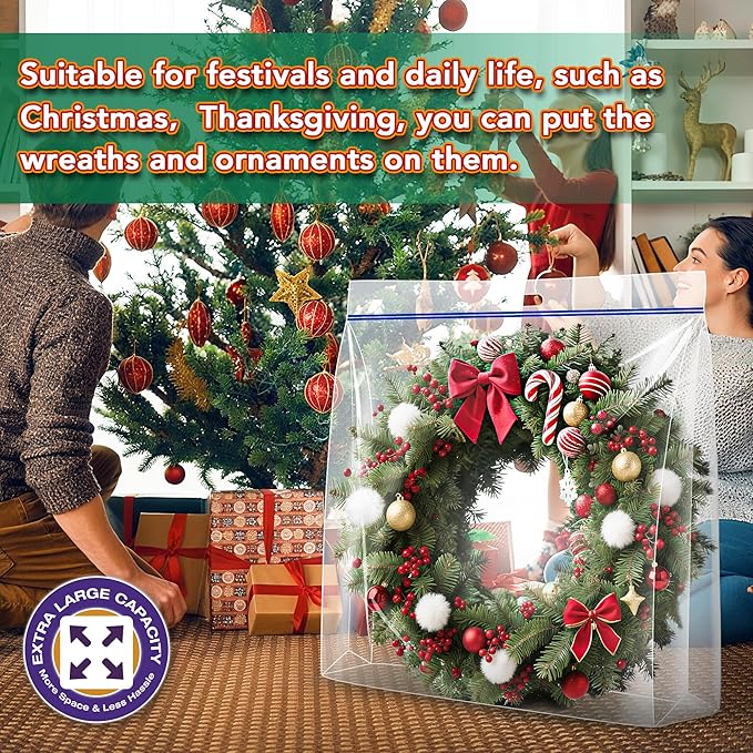 Extra Large Clear Wreath Storage Plastic Bag with Handle For Halloween Summer Christmas Decoration or Clothing Blanket Comforters Bed Sheets Pillows, 4 Pack, 34"x34"x7"