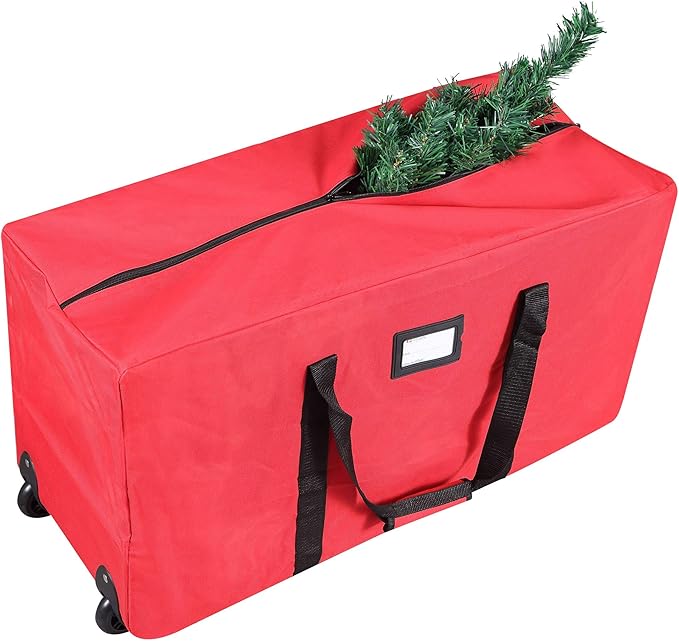 Primode Christmas Rolling Tree Storage Bag, Fits Up to 7.5 Ft. Tall Disassembled Holiday Trees, 22" H X 16" W X 50" L, Large Heavy Duty Storage Container with 2 Wheels and Handles (Red)