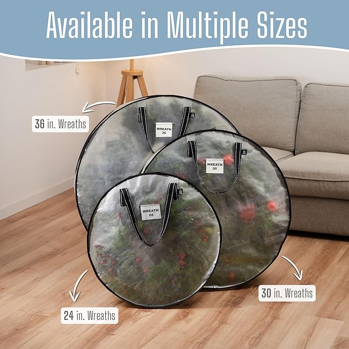 VENO 36 Inch Wreath Storage Container, 4 Pack Clear Round Christmas Wreath Storage Bag, Heavy Duty Clear Holder with Wall Hanging Handles