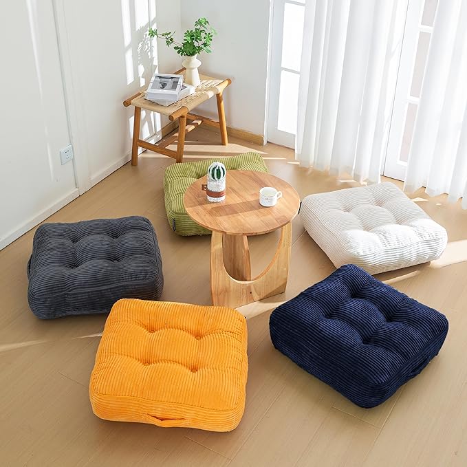HIGOGOGO 8" Extra Thick Floor Pillow Cushion for Adults, Meditation Cushion Pillow, Large Square Floor Sitting, Tufted Corduroy Cover, for Tatami Living Room or Yoga, 22x22 Inch, 2Pack, Orange