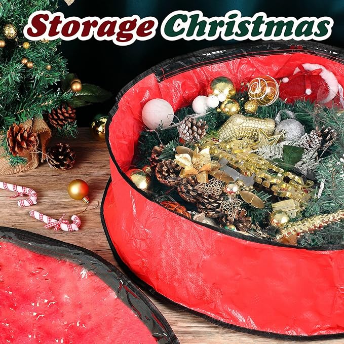 Dunzy 8 Pack Wreath Storage Container Bag 24x8 Inch Christmas Storage Container Heavy Duty Wreath Boxes with Clear Window for Xmas Holiday Ornament(Red)