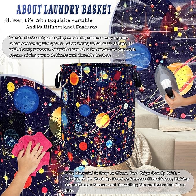 Colorful Planets Laundry Basket Oxford Cloth Starry Sky Galaxy Laundry Hamper With Handle Foldable Portable Clothes Storage Basket Funny Laundry Bag 18.9"x16.5" For Laundry Room/Bedroom/Bathrooms