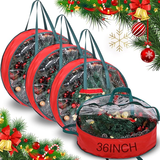 Shappy 4 Pcs Red Wreath Storage Bag Clear Wreath Box Storage Containers with Clear Window and Handle Garland Containers for Holiday Seasonal Bags (36 Inch)