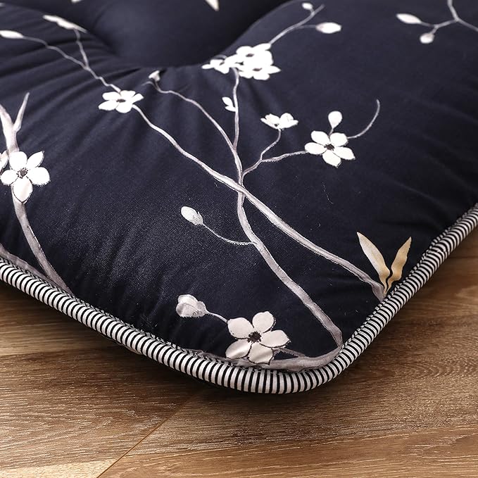 MAXYOYO Navy Floral Printed Japanese Floor Mattress Rustic Style Futon Mattress Foldable Roll Up Camping Lounger Couches and Sofas Mattress Topper Twin Size