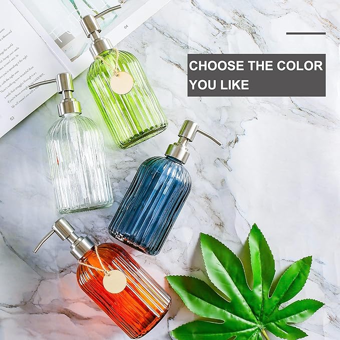 MOCLIF 16 OZ Soap Dispenser,Tempered Glass Clear Vertical Stripe with 304 Rust Proof Stainless Steel Pump Refillable Liquid Hand Soap Dispenser,for Bathroom, Kitchen, Dish Soap,Lotion (Orange)