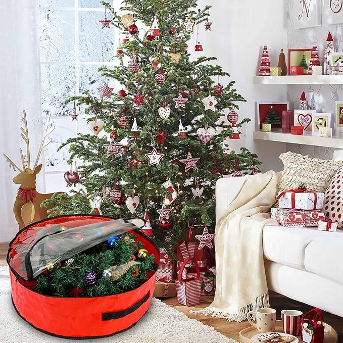 Pwsap 2 Pack Christmas Wreath Storage Container - 24 Inch, Garland Storage, Christmas Large Wreath Storage Container Cover, Durable Tarp Material, Dual Zipper Storage Bag for Xmas Holiday, Red
