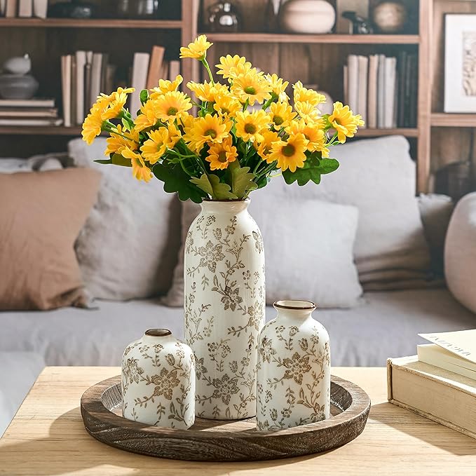 Ceramic Flower Decorative Antique Vase Set of 3, Vintage Rustic Chinoiserie Floral Vase for Home Decor, Living Room, Bookshelf, Office, Entryway, Garden, Chinoiserie Decor, Tuscan Decor