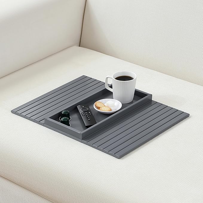 Bamboo Couch Arm Tray Table,Foldable Sofa Armrest Tray Table for Couch,Flexible and Anti-Slip Couch Arm Cup Holder,Portable Sofa Arm Chair Table for Drink,Cups, Eats,Snacks, Phone, Remote (Gray)