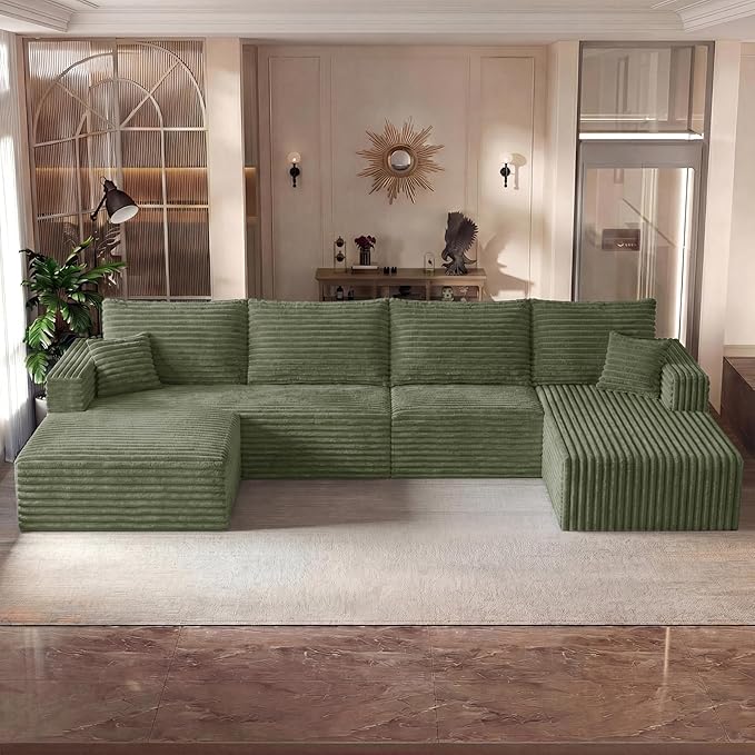Boneless Couches Sectional Sofa, Compressed Sofa in a Box, U-Shaped Cloud Couch with Deep Seats & Chaise for Living Room, No Assembly Required (Green, 118" U-Shape with Right Facing Chiase) | Boneless Compressed, Sofa in a Box, Cloud Couch, Deep Seats,...