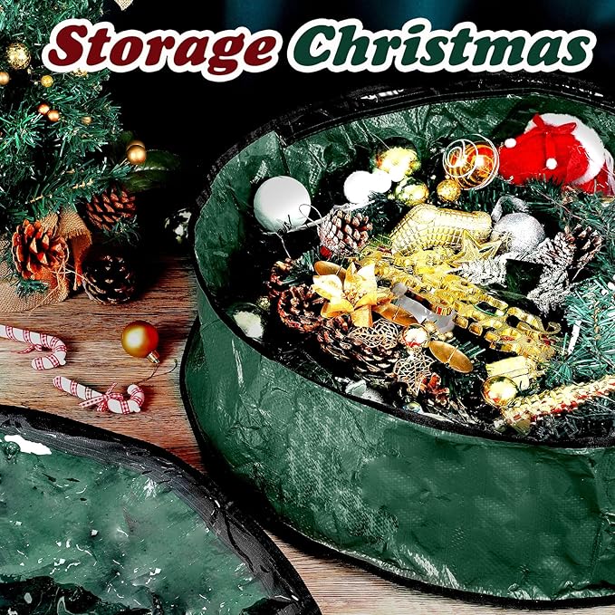 Dunzy 8 Pieces Wreath Container Christmas Wreath Storage Bag Garland Tear Resistant Fabric Round Boxes with Clear Window for Storage for Xmas Holiday Ornament(30×30×7.8 Inch,Green)