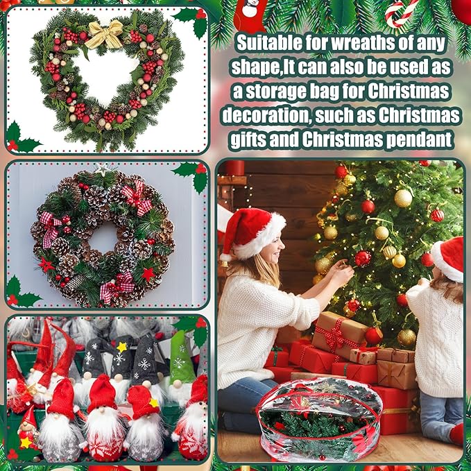 Shappy 6 Pcs 36 Inch Back to School Wreath Storage Container Clear Wreath Storage Bags PVC Waterproof Garland Bags with Clear Window Dual Zippers and Handles for Holiday Artificial Garland (Red)