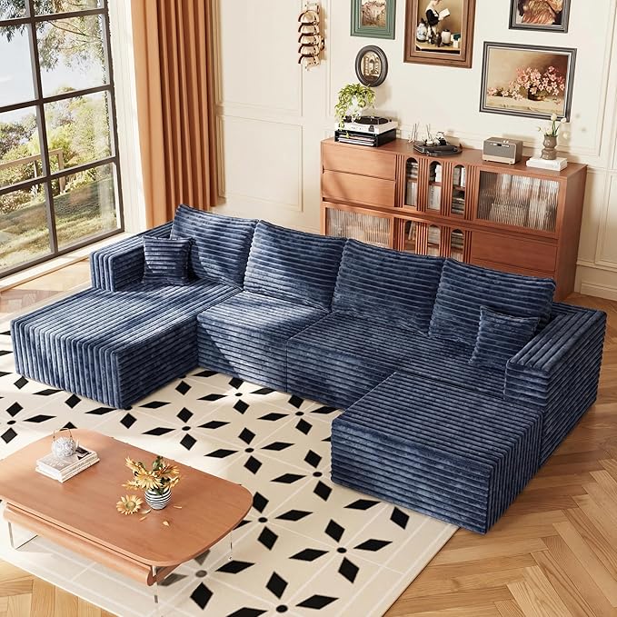 Modular Sectional Sofa, Boneless Compressed Sofa in a Box, U-Shaped Cloud Couch with Deep Seats & Chaise for Living Room, No Assembly Required (Blue, 118" U-Shape with Left Facing Chiase) | Boneless Compressed, Sofa in a Box, Cloud Couch, Deep Seats, N...
