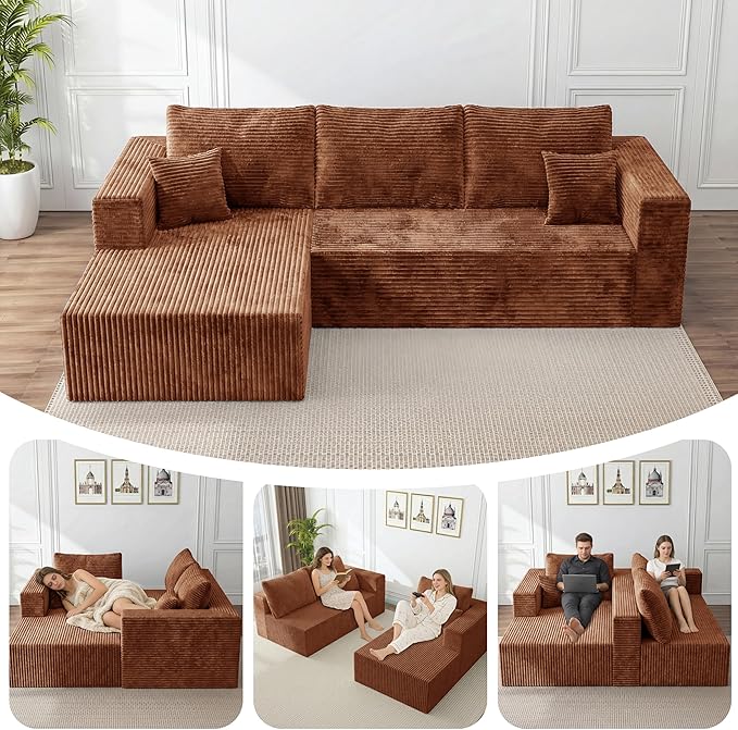 Modular Sectional Sofa, Boneless Compressed Sofa in a Box, L-Shaped Cloud Couch with Deep Seats & Chaise for Living Room, No Assembly Required (Orange, 92.5" L-Shape with Left Facing Chiase) | Boneless Compressed, Sofa in a Box, Cloud Couch, Deep Seats...