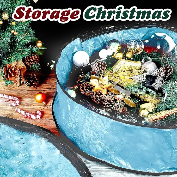 Dunzy 8 Pieces Wreath Container Christmas Wreath Storage Bag Garland Tear Resistant Fabric Round Boxes with Clear Window for Storage for Xmas Holiday Ornament(30×30×7.8 Inch,Blue)