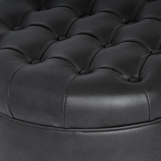 Homepop Home Decor | Button Tufted Faux Leather Round Storage Ottoman | Ottoman with Storage for Living Room & Bedroom (Black Faux Leather)