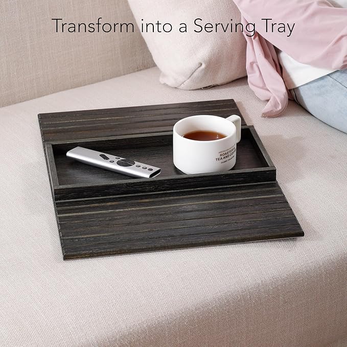 DETOR Sofa Arm Tray with Spacious 12.4" x 5.4" Storage Box, Ebony Bamboo Finish, Enhanced Non-Slip Felt Bottom, Sturdy Bamboo Slats, Fits Armrests 6" and Wider
