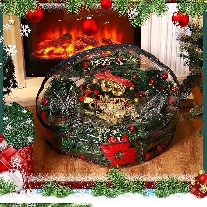 Shappy 6 Pieces Christmas Wreath Storage Container 30 Inch Wreath Plastic Storage Bags with Dual Zippers and Handles for Xmas Thanksgiving Holiday Artificial (Clear,Black)