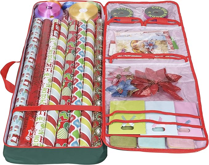 Primode Christmas Wrapping Paper Storage Box with Pockets | Long Gift Wrap Storage Container Bag (37” x 14” x 4”) Constructed of Durable 600D Oxford Material (Green)