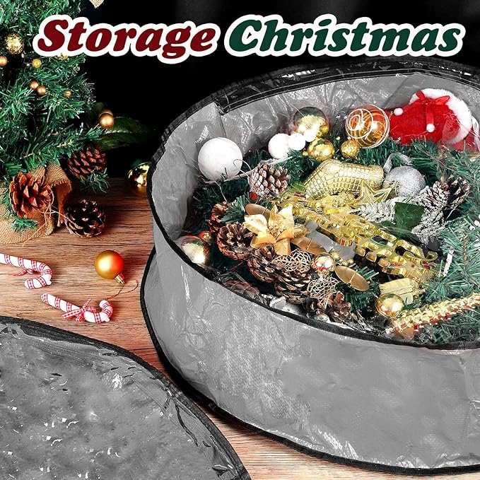 Dunzy 8 Pieces Wreath Container Christmas Wreath Storage Bag Garland Tear Resistant Fabric Round Boxes with Clear Window for Storage for Xmas Holiday Ornament(30×30×7.8 Inch,Gray)