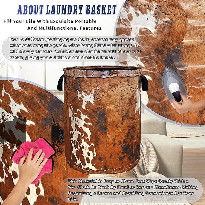 Vintage Brown Cow Skin Laundry Basket Foldable Funny Animal Print Laundry Hamper With Handle Oxford Cloth Portable Clothes Storage Basket Laundry Bag 18.9"x16.5" For Laundry Room/Bedroom/Bathrooms