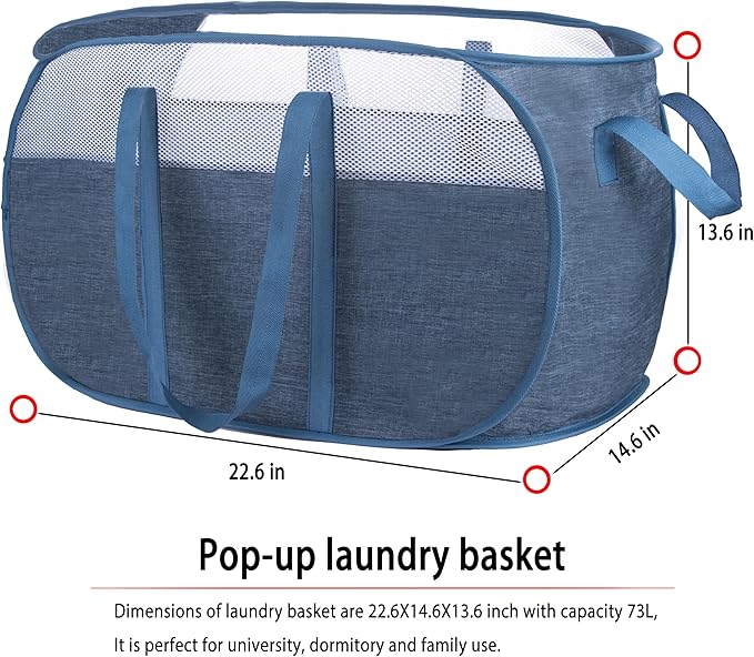 Pop Up Laundry Hamper,with Durable Handles collapsible laundry basket,Easy to Open and Fold for college Dorm,kids room,travel (2 blue)…