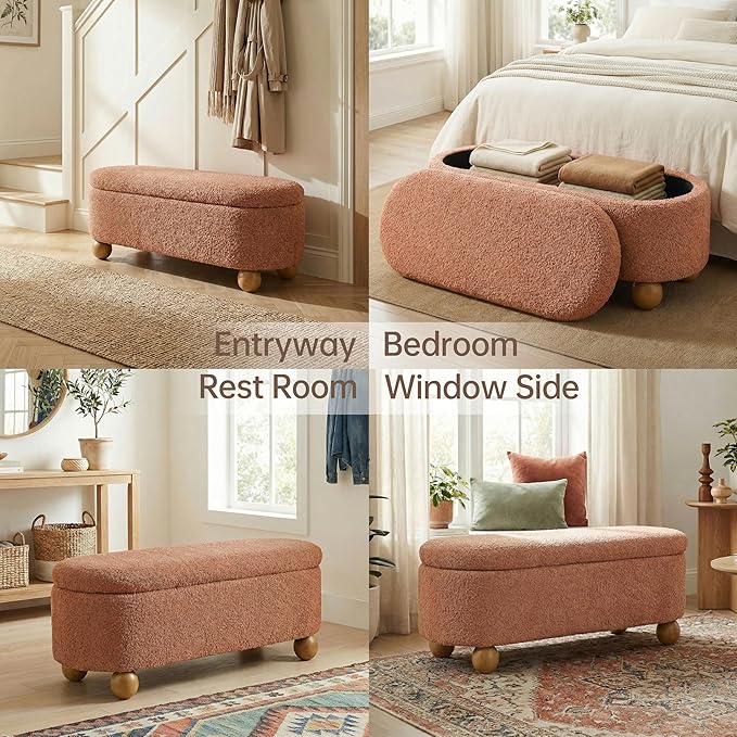 VKNOW 44.8" Storage Ottoman Bench End of Bed Bench, Thickened Upholstered Blanket Chest for Living Room, Entryway Bench with Cute Spherical Solid Wood Stool Legs for Bedroom, Orange